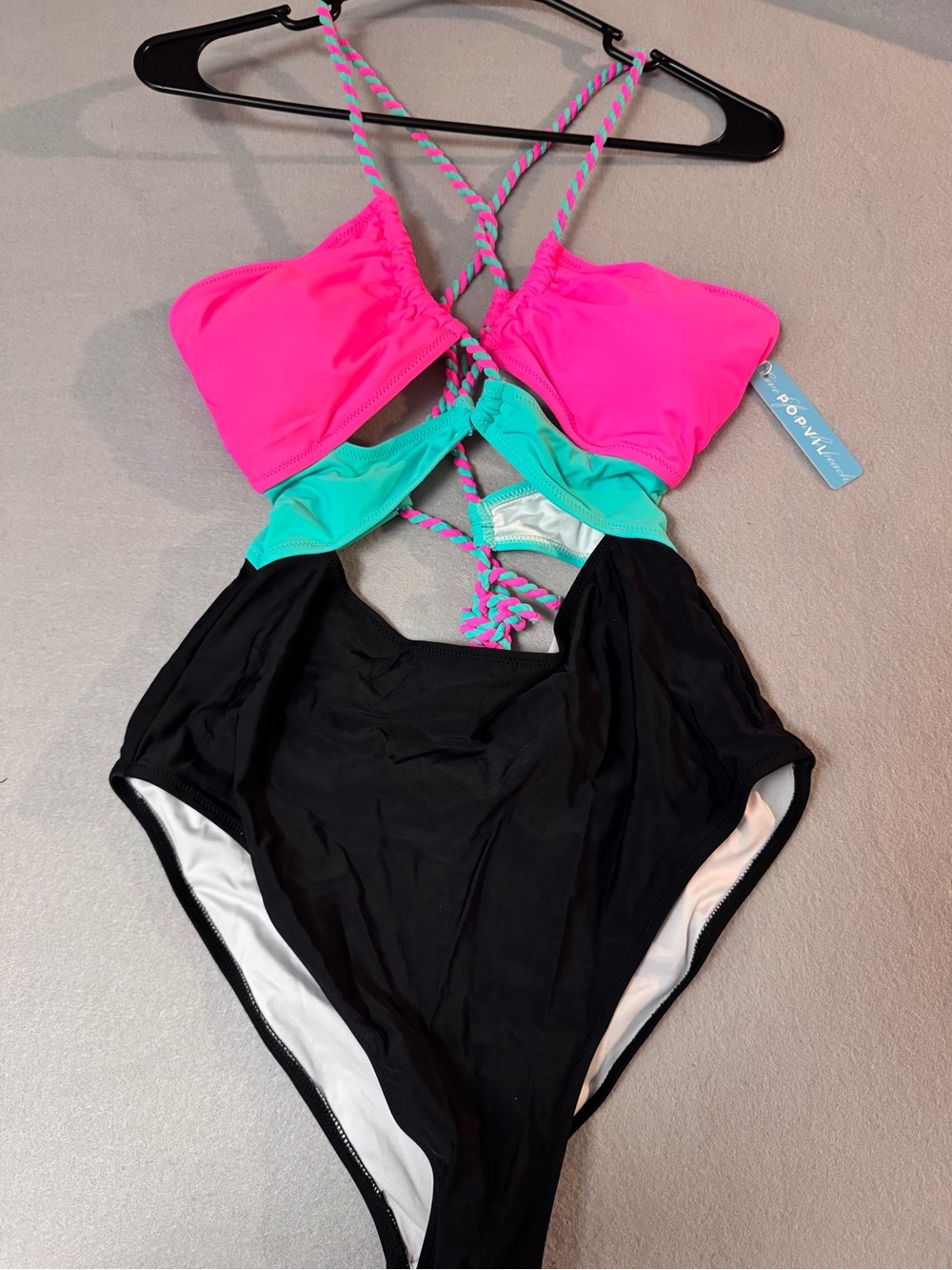 Colorblock One-Piece Swimsuit in Hot Pink, Teal & Black Womens Large